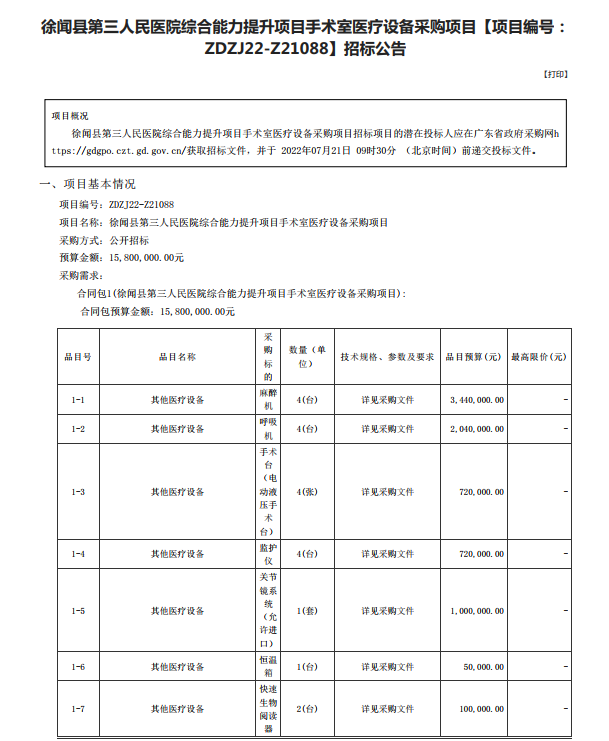 徐聞縣第三人民醫(yī)院綜合能力提升項目手術(shù)室醫(yī)療設(shè)備采購項目【項目編號： ZDZJ22-Z21088】招標(biāo)公告(圖1)