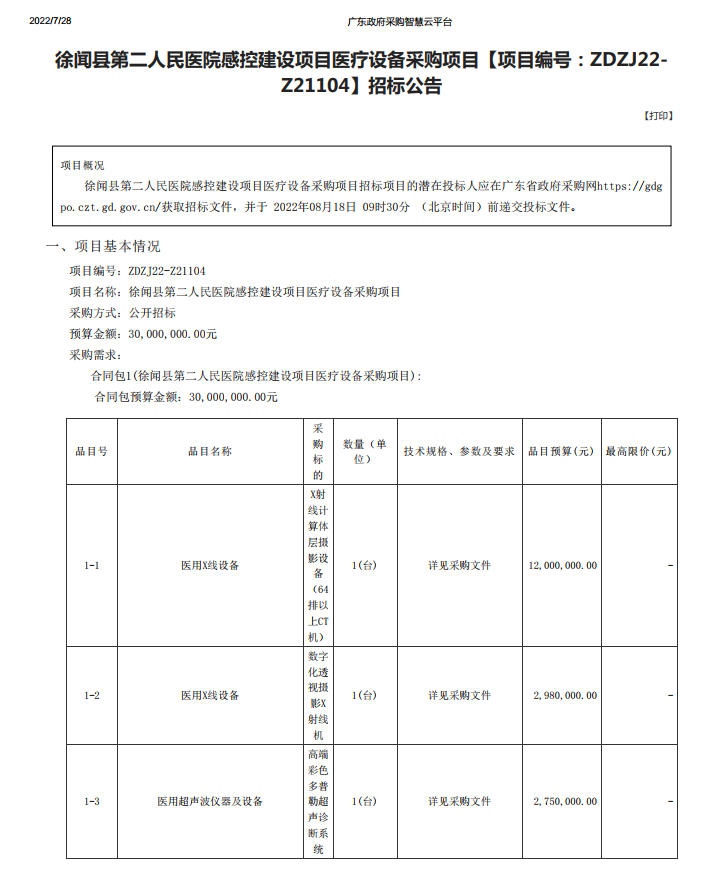 徐聞縣第二人民醫(yī)院感控建設(shè)項目醫(yī)療設(shè)備采購項目【項目編號：ZDZJ22- Z21104】招標公告(圖1)