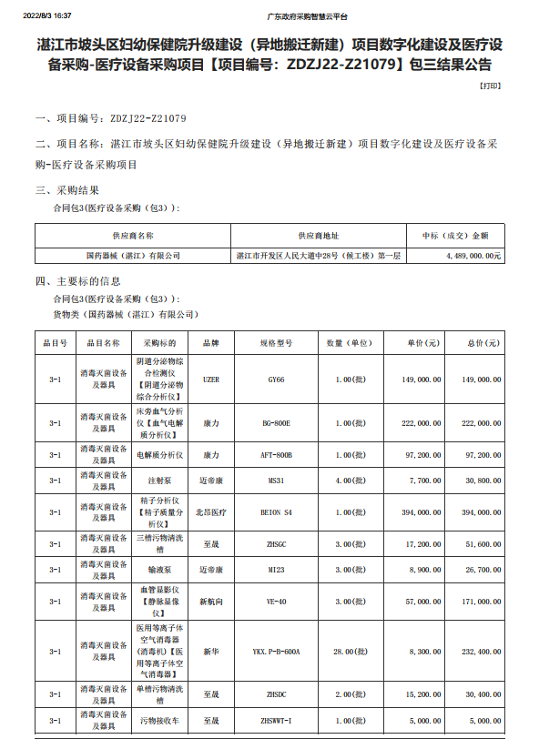 湛江市坡頭區(qū)婦幼保健院升級(jí)建設(shè)（異地搬遷新建）項(xiàng)目數(shù)字化建設(shè)及醫(yī)療設(shè) 備采購(gòu)-醫(yī)療設(shè)備采購(gòu)項(xiàng)目【項(xiàng)目編號(hào)：ZDZJ22-Z21079】包三結(jié)果公告(圖1)